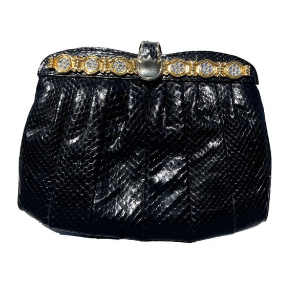 VINTAGE SNAKESKIN PURSE black gold crystals made in Hongkong - Picture 1 of 11